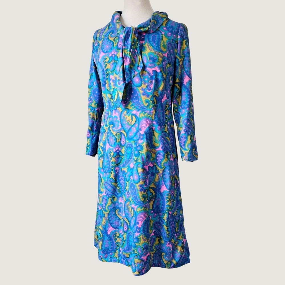 VTg‎ 60s 70s Handmade Psychedelic Paisley Print Long Sleeve Tie Neck Dress S/M